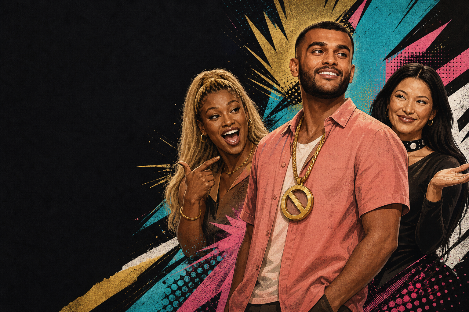 Editorial illustration for Yash shows off his Veto win as Taylor and Ashley keep the comics hype going.