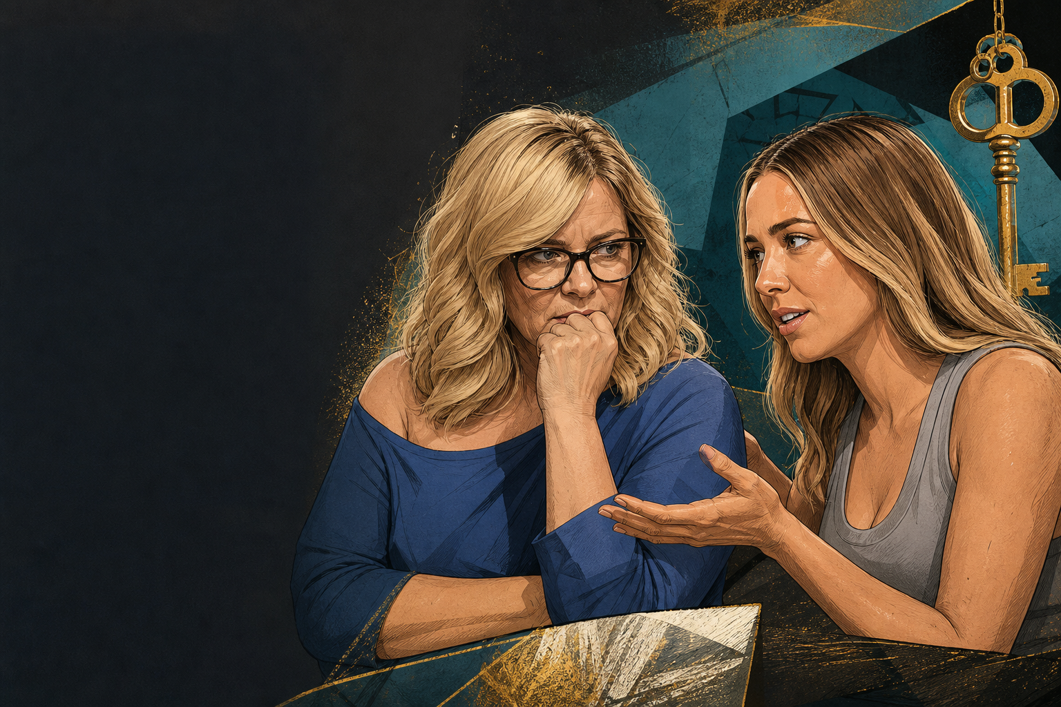 Editorial illustration for Dee reassures Angela in HOH after Angela worries she’s become a liability.