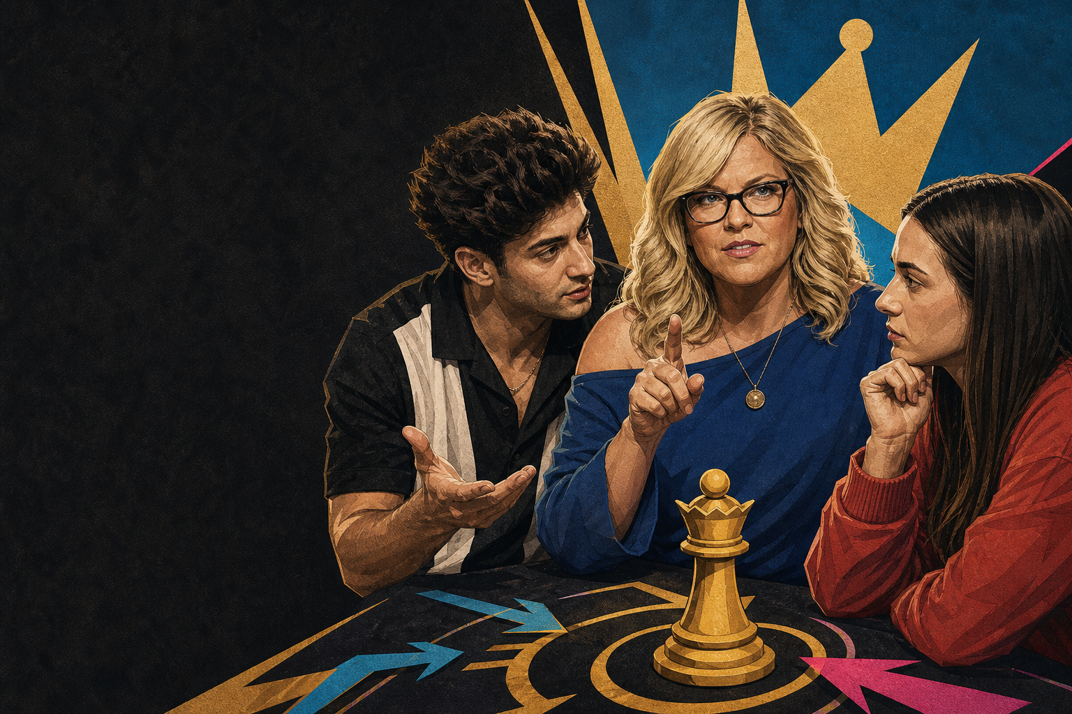 Editorial illustration for Angela stakes a line in the sand about her HOH control as Drew and Mallory plot the week.