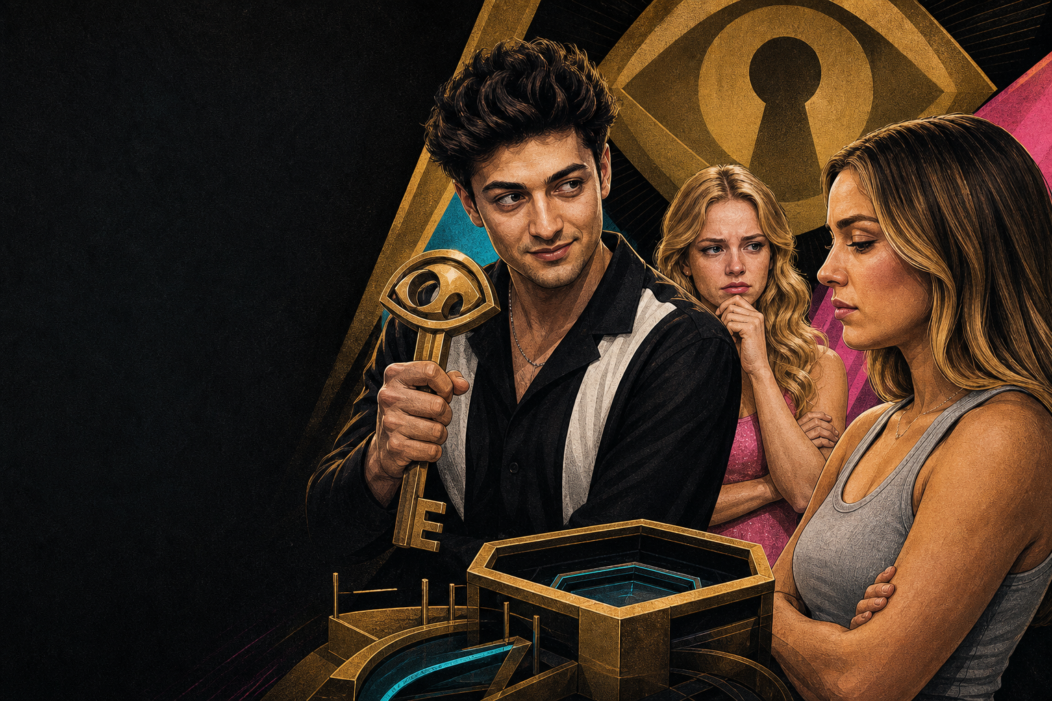 Editorial illustration for Drew’s Power of Veto flips the endgame leverage as Dee accepts Melody’s likely departure.