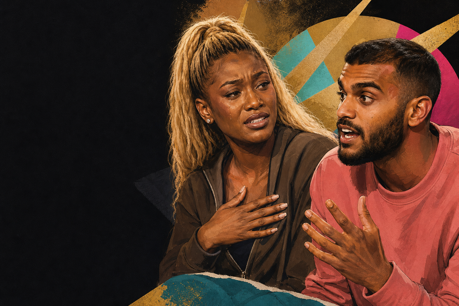 Editorial illustration for Taylor and Yash decompress after the twist: scary tears vs. primal survival.