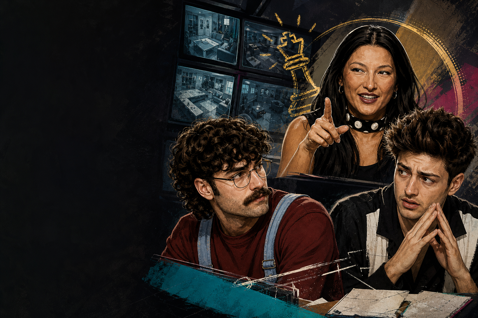 Editorial illustration for Ashley’s campaign to stay spirals, putting Barrett and Drew on alert for alliance exposure.