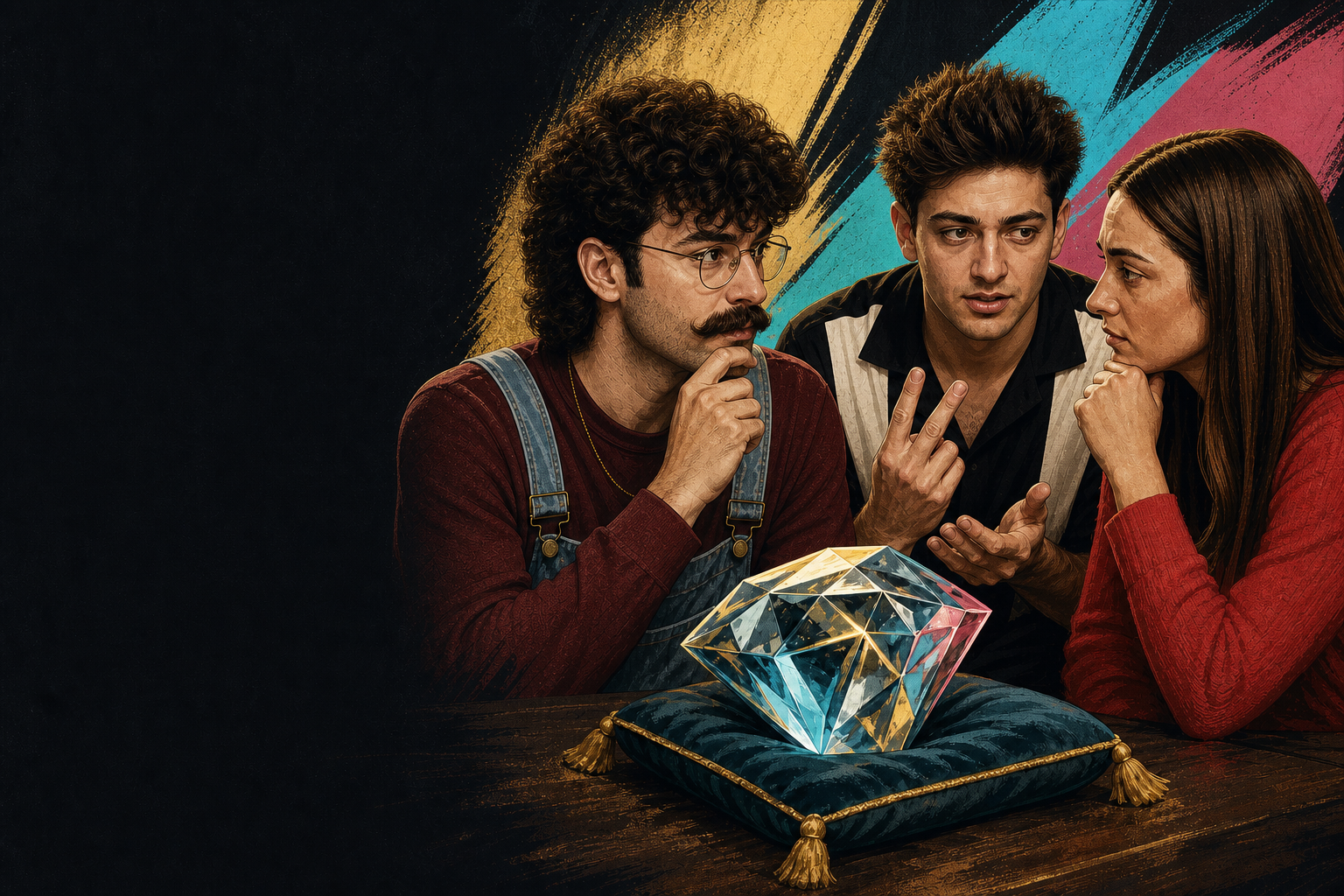 Editorial illustration for Barrett, Drew, and Mallory talk out a vote plan to keep the Diamond Power of Veto availabl.